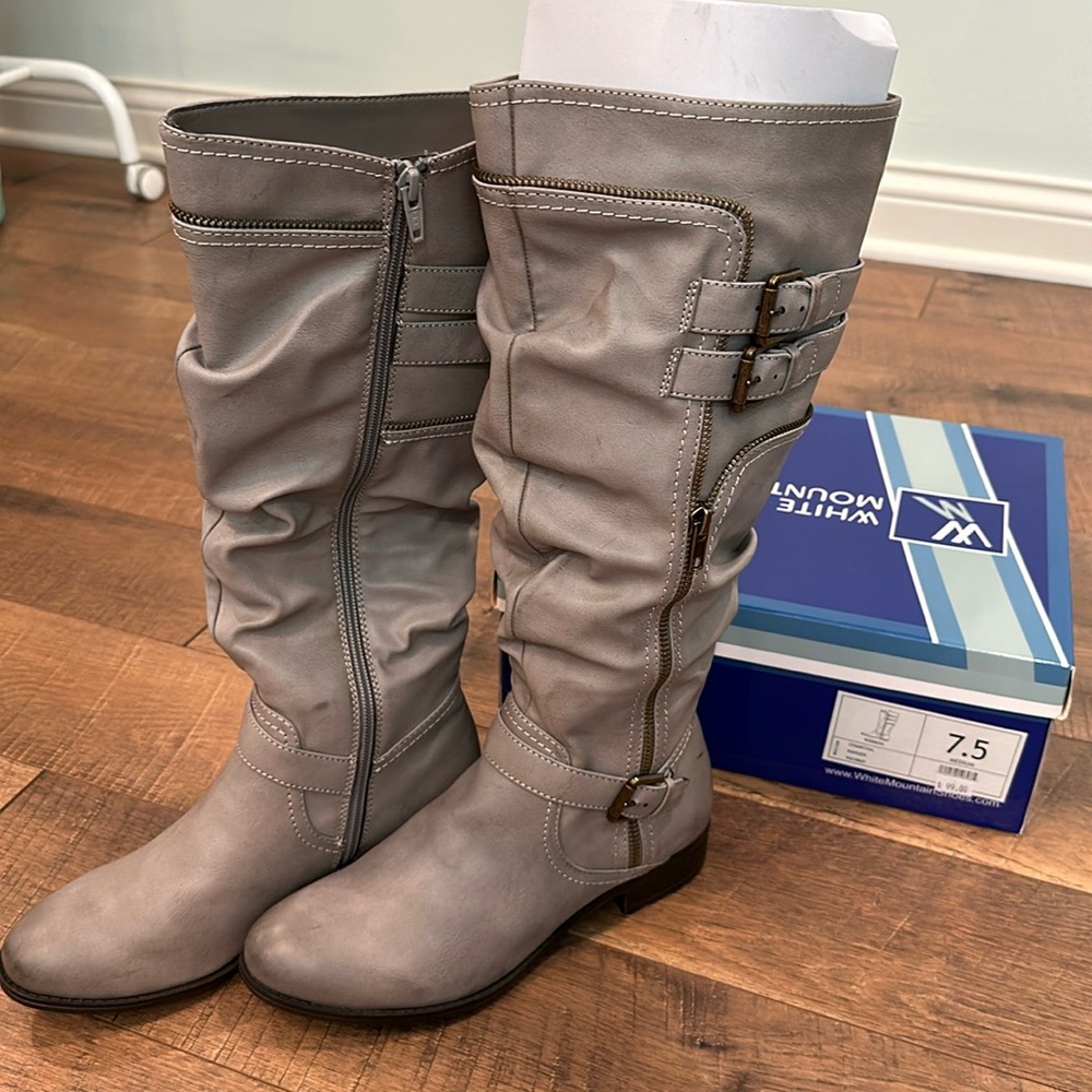 Tall Gray Boots with Zippers and Buckles